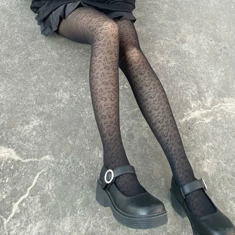 Vintage Gothic Sheer Pantyhose – Sexy Black Leopard Print Transparent Tights for Women