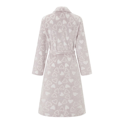 Women's Plush Flannel Bathrobe - Heart Print Fuzzy Long Sleeve Robe with Belt