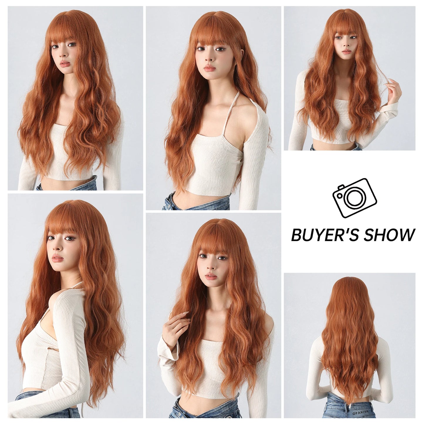 Copper Ginger Red Brown Synthetic Wig – Long Fluffy Wavy Wig with Bangs, Heat-Resistant Cosplay & Daily Wear Hair for Women