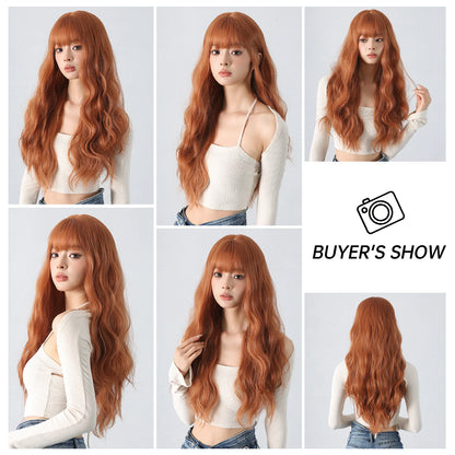 Copper Ginger Red Brown Synthetic Wig – Long Fluffy Wavy Wig with Bangs, Heat-Resistant Cosplay & Daily Wear Hair for Women