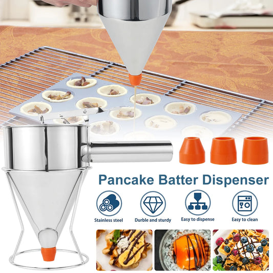 Stainless Steel Pancake Batter Dispenser with Stand – Multi-Caliber Funnel for Cupcakes & Baking Tools