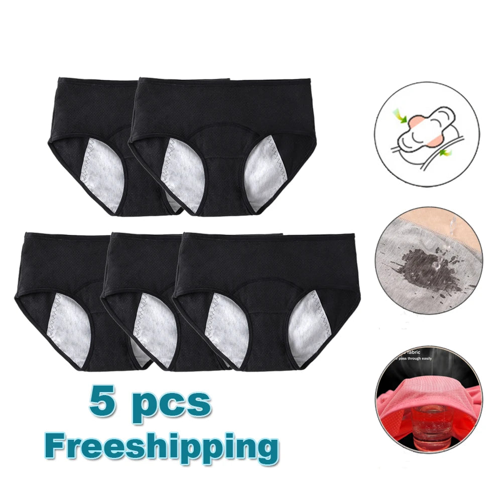 5-Pack Women’s Leak-Proof Menstrual Panties – Plus Size L-8XL Waterproof Period Underwear