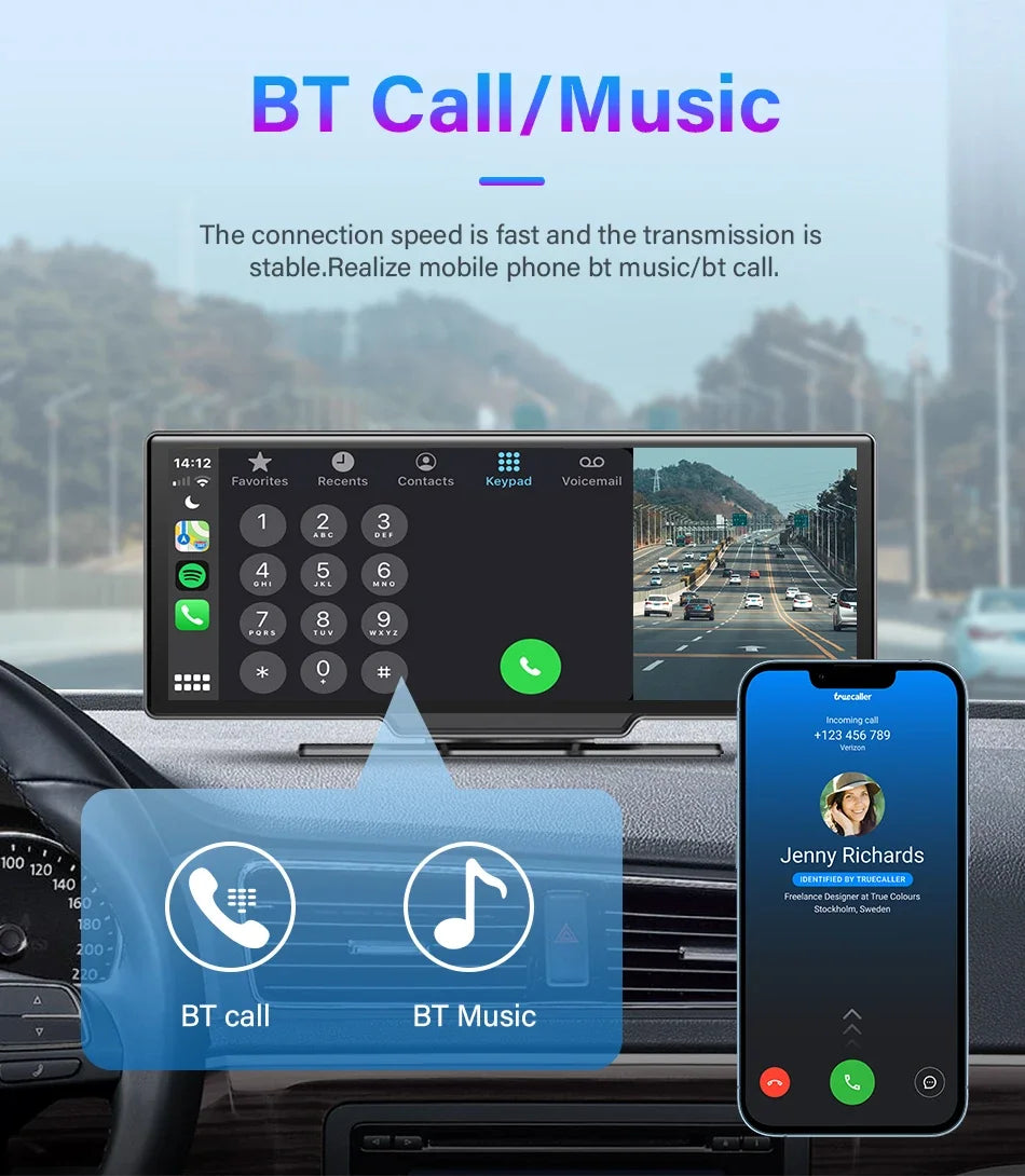 Srnubi 10.26 Inch Dash Cam Rearview Mirror - CarPlay & Android Auto DVR with GPS Navigation, Video Dashboard Monitor