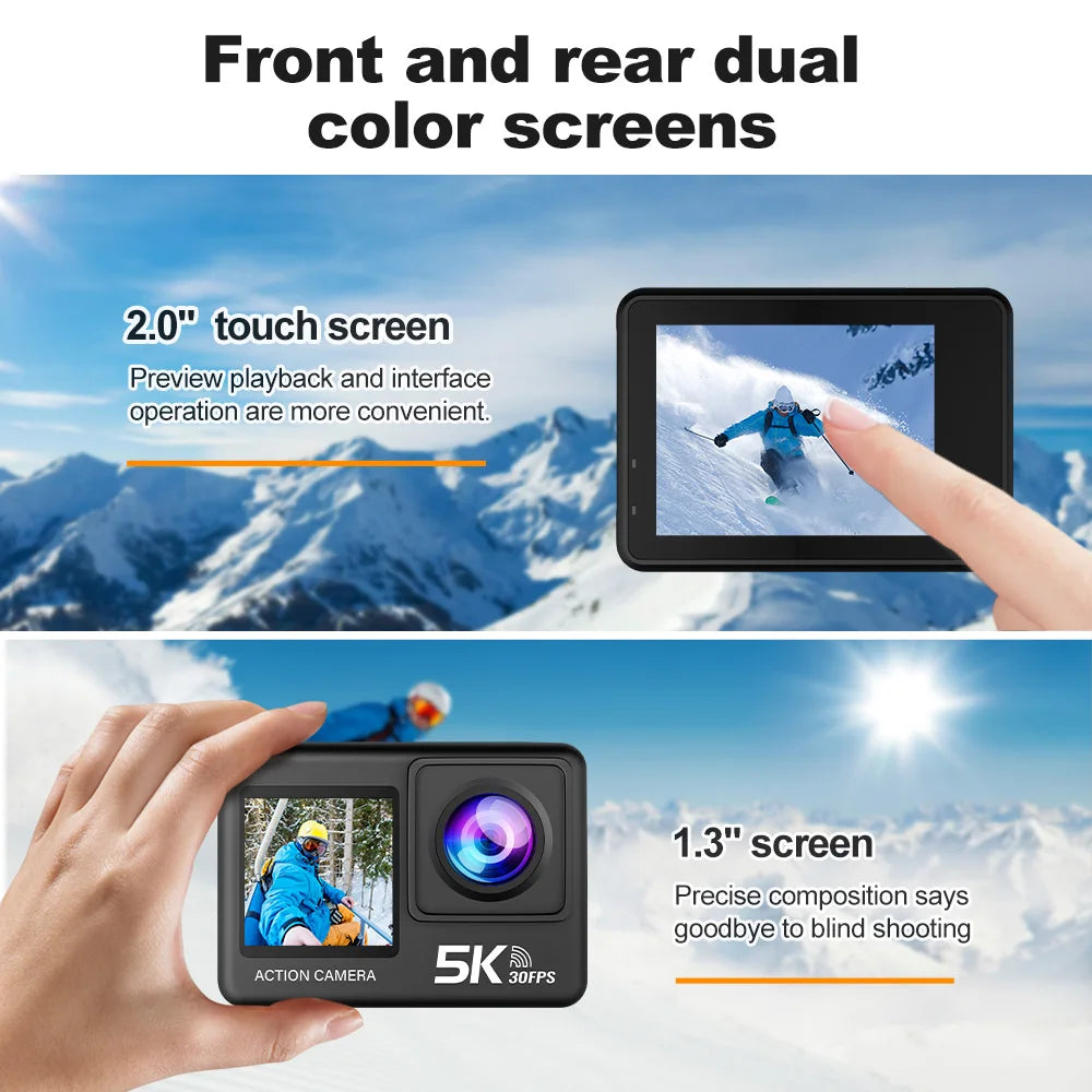 5K Action Camera – 4K60FPS, EIS, Dual Screen, 170° Wide Angle, 30M Waterproof Sport Camera with Remote Control