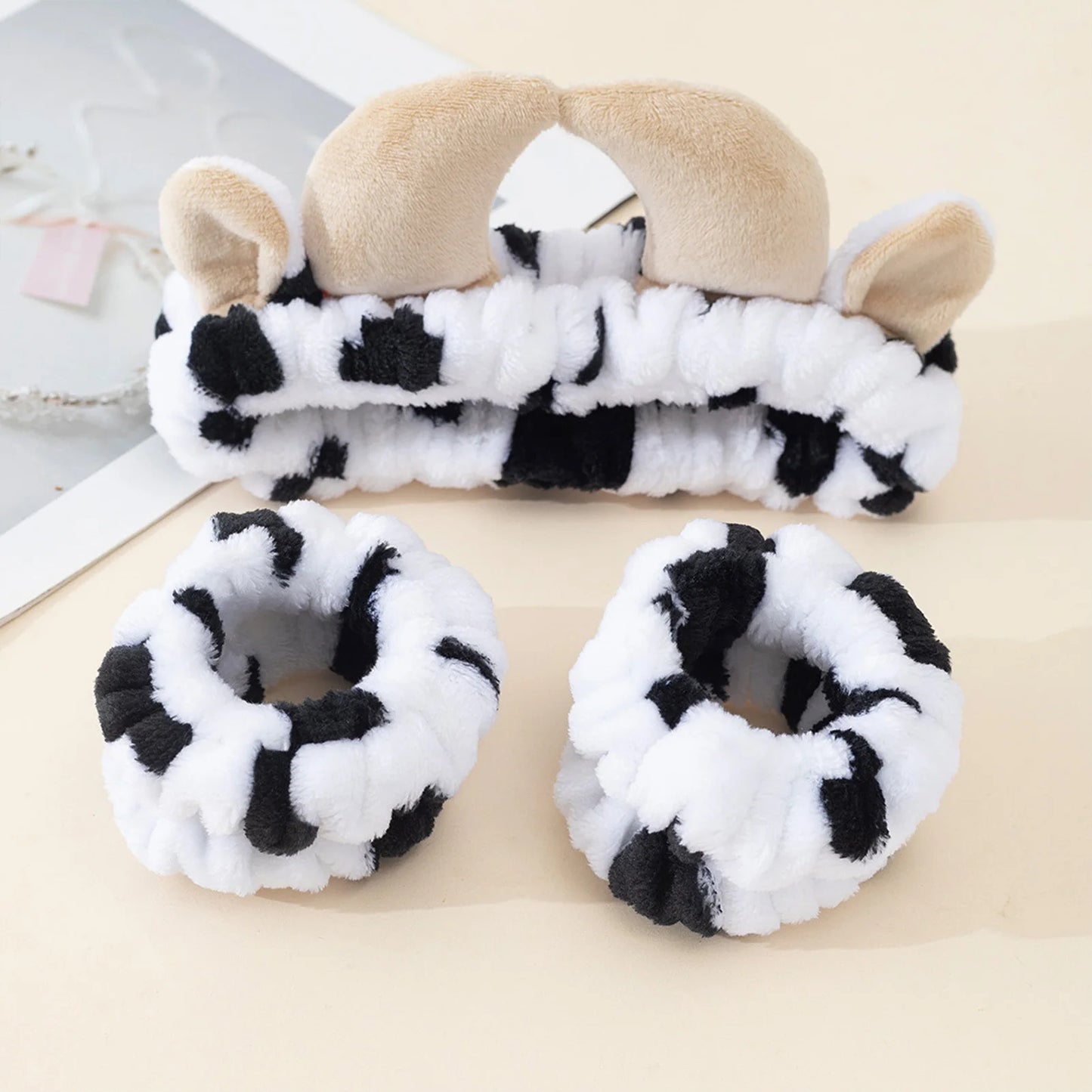 3PCS Cat Ear Plush Headband Set - Soft Face Washing Headband with Wrist Straps for Girls