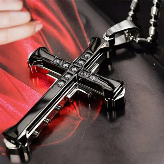 2024 Men’s Crystal Jesus Cross Pendant Necklace – Stainless Steel Zirconia Cross Jewelry in Gold, Black & Blue Color Options