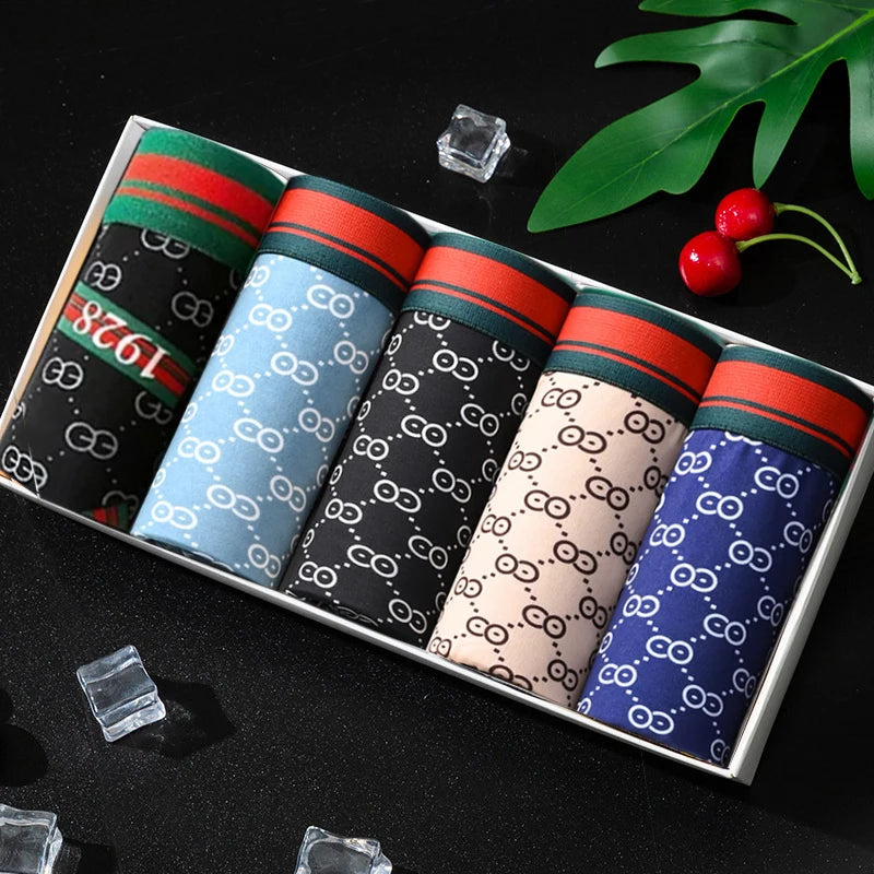 5PCS Men's Printed Boxer Shorts - Breathable & Comfortable Underwear, U-Convex Briefs, Plus Size