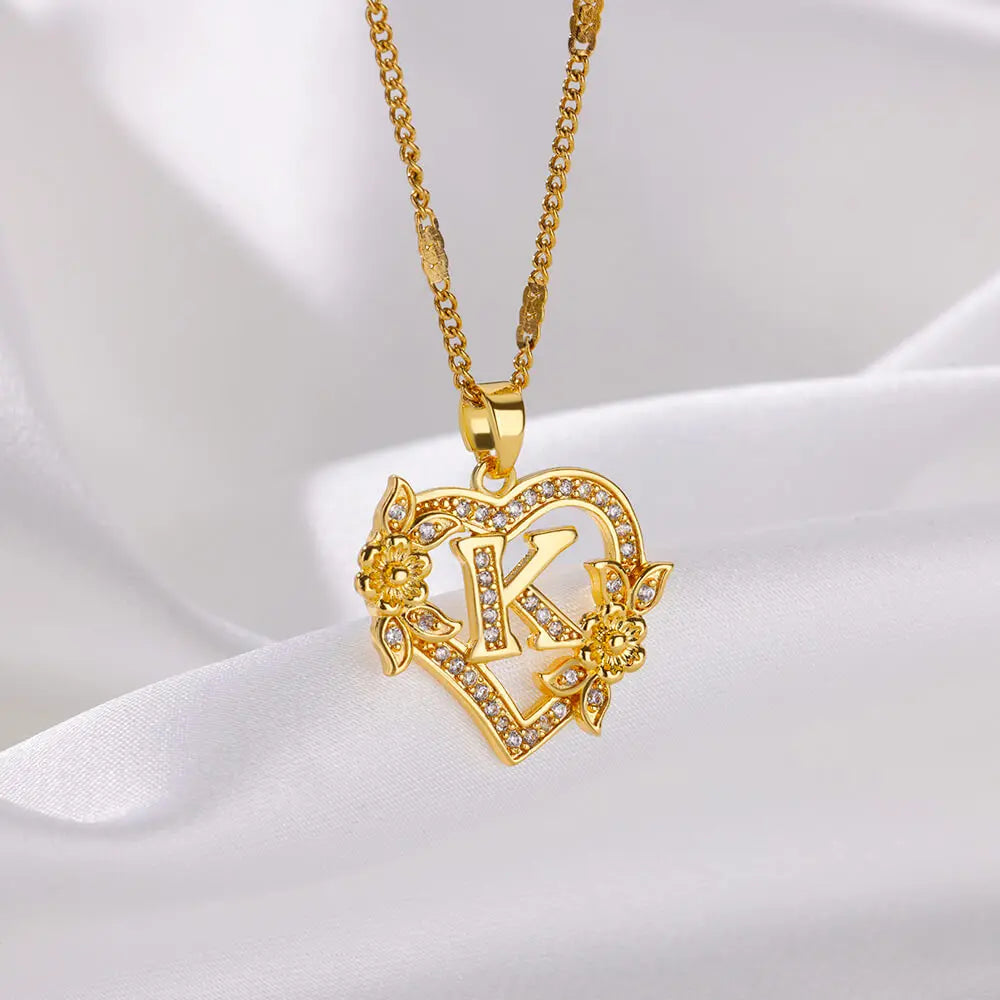 Gold Zircon Heart Initial Necklace – Stainless Steel Letter Pendant Jewelry for Women