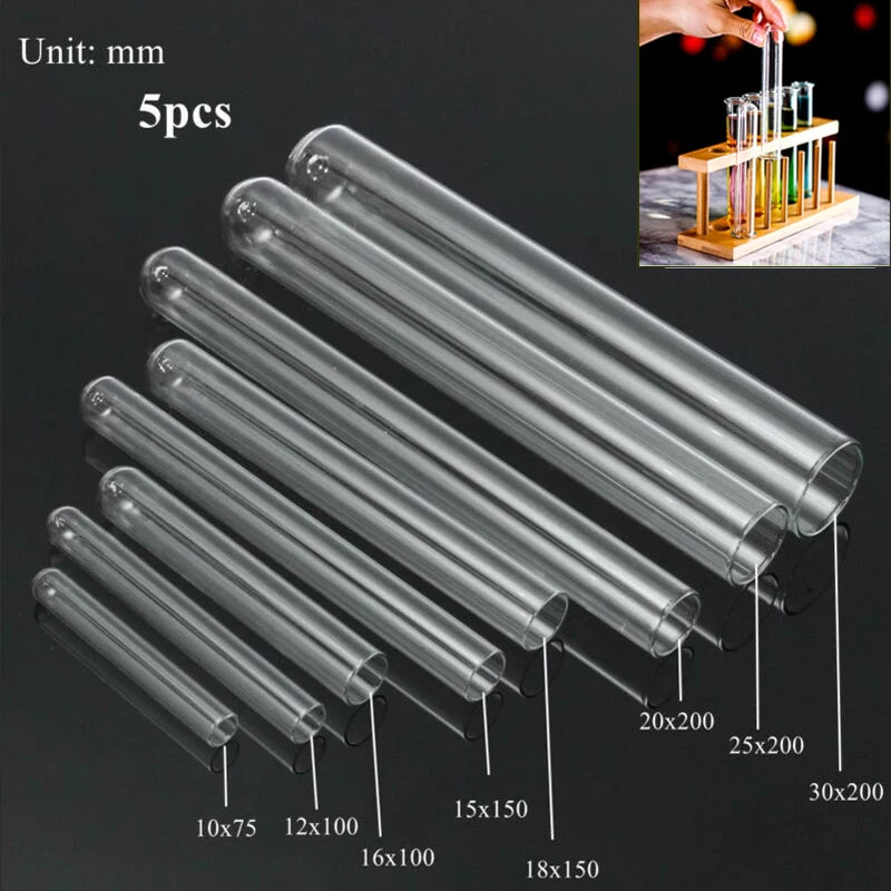 5-Piece Borosilicate Glass Test Tubes — Transparent U-Shaped Bottom, 10mm–30mm, Laboratory & School Educational Supplies