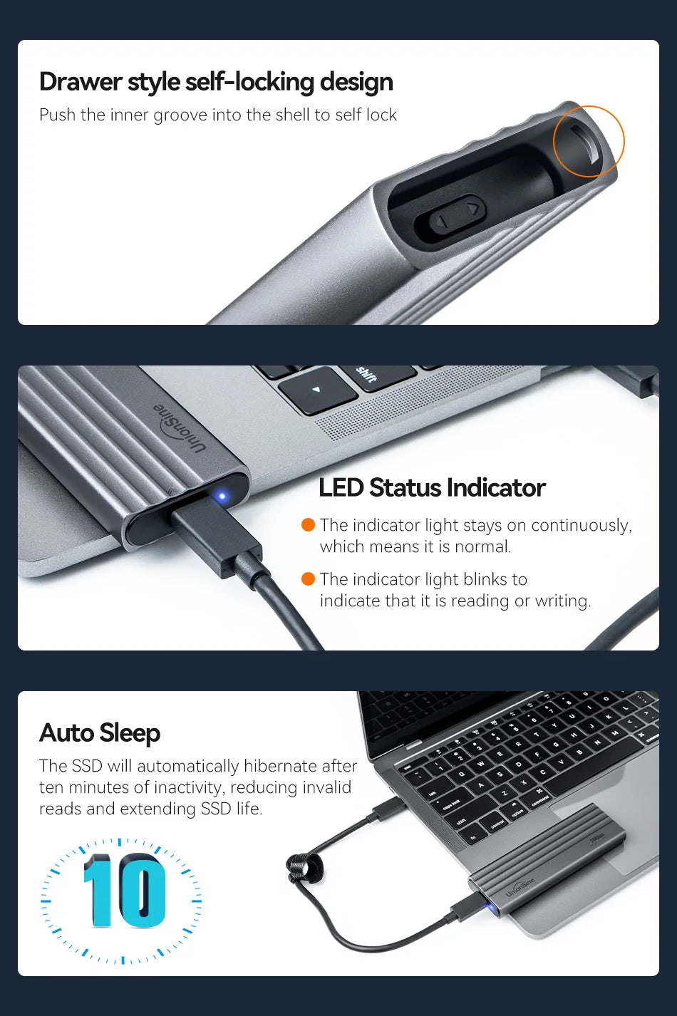 UnionSine 20Gbps M.2 PCIe SSD Case – Dual Protocol M.2 to USB Type-C 3.1 Adapter for NVMe, NGFF, and SATA SSD