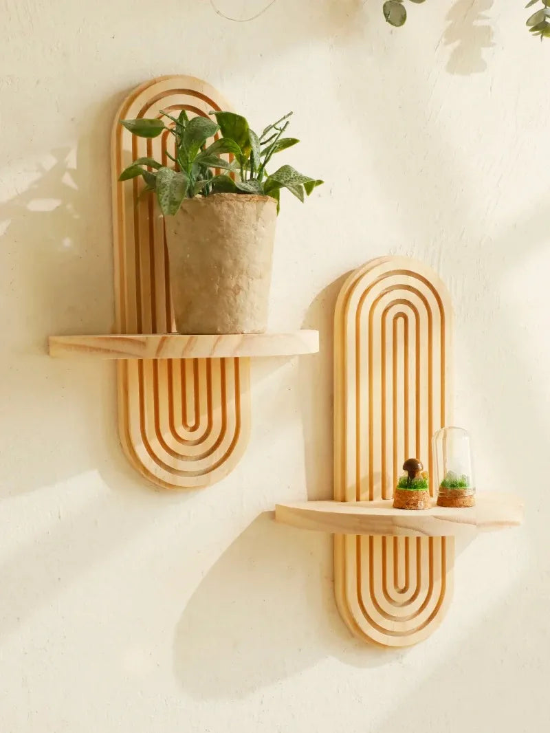 Wooden Wall-Mounted Shelves – Boho Style Rack for Living Room & Bathroom Home Decor