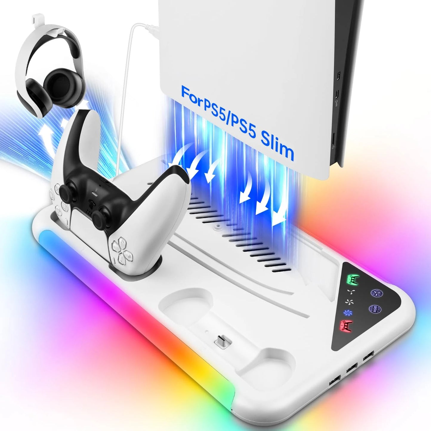 PS5 / PS5 Slim Cooling Stand with RGB LED Fan – 3-Level Adjustable Cooling Station for Disc & Digital Console Editions