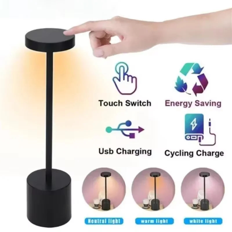 Classic USB Rechargeable Table Lamp – Stepless Dimming Touch Desk Lamp with 3 Colors for Bedside, Hotel & Bar Decoration