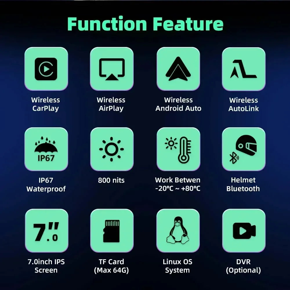 5/7 Inch Motorcycle CarPlay DVR Navigation GPS Monitor – Wireless Android Auto, Airplay, IPX7 Waterproof Portable Display