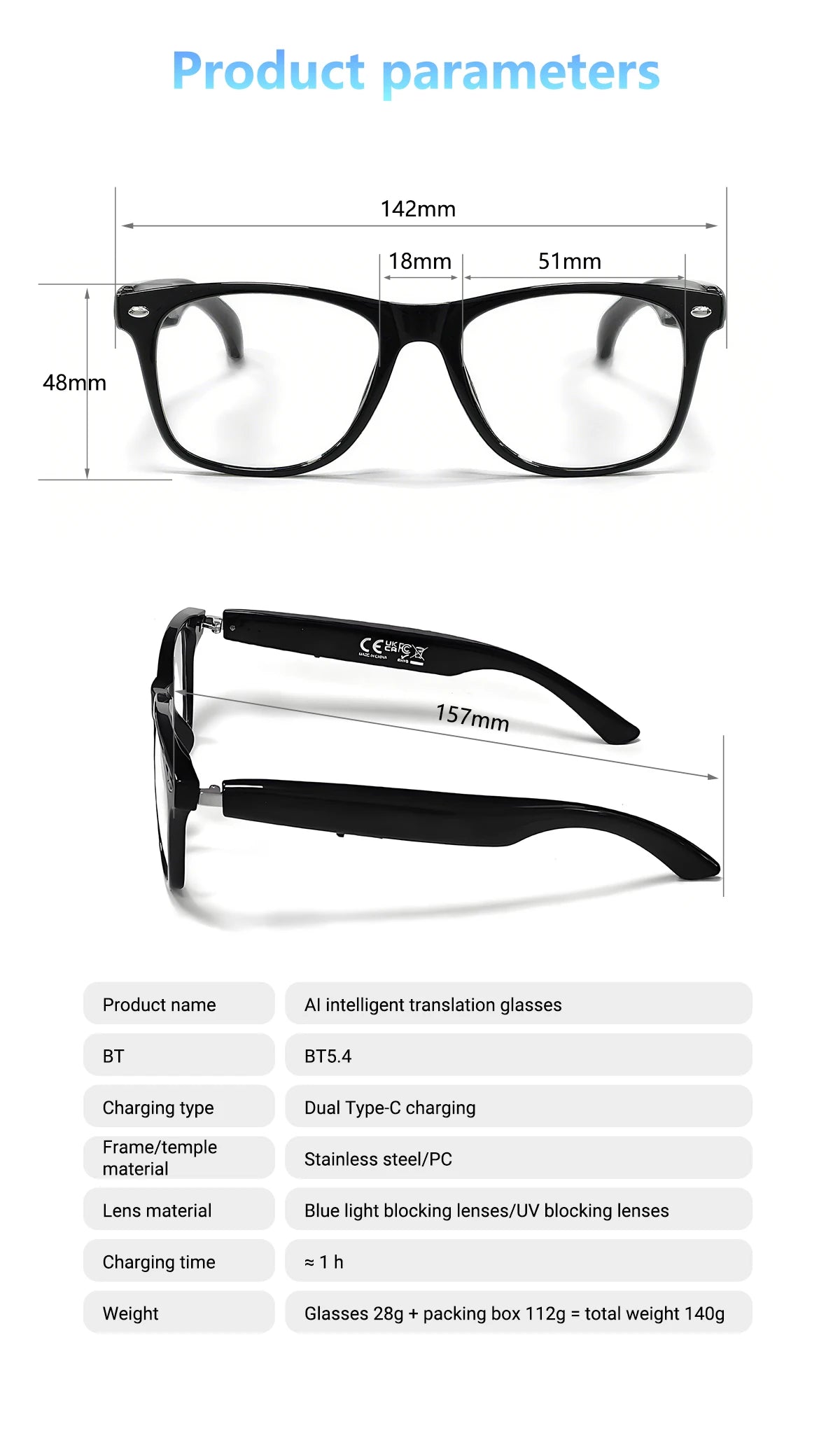 Smart Glasses with AI Translation – Supports 100+ Languages, Bluetooth TWS, Calls, Music, Noise Reduction & Light Control for Men & Women