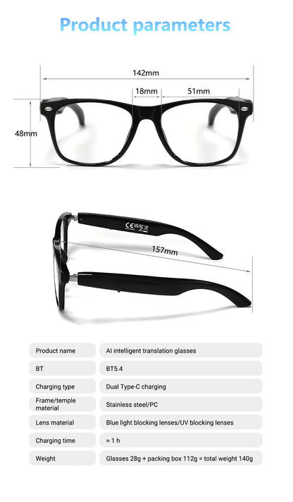 Smart Glasses with AI Translation – Supports 100+ Languages, Bluetooth TWS, Calls, Music, Noise Reduction & Light Control for Men & Women