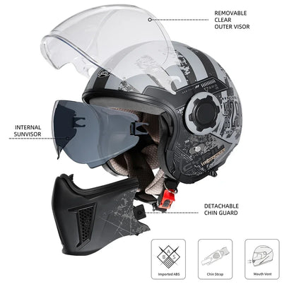 CYRIL OP12A Open-Face Motorcycle Helmet - Double-Lens Modular Retro Helmet for Men and Women, DOT and ECE Certified