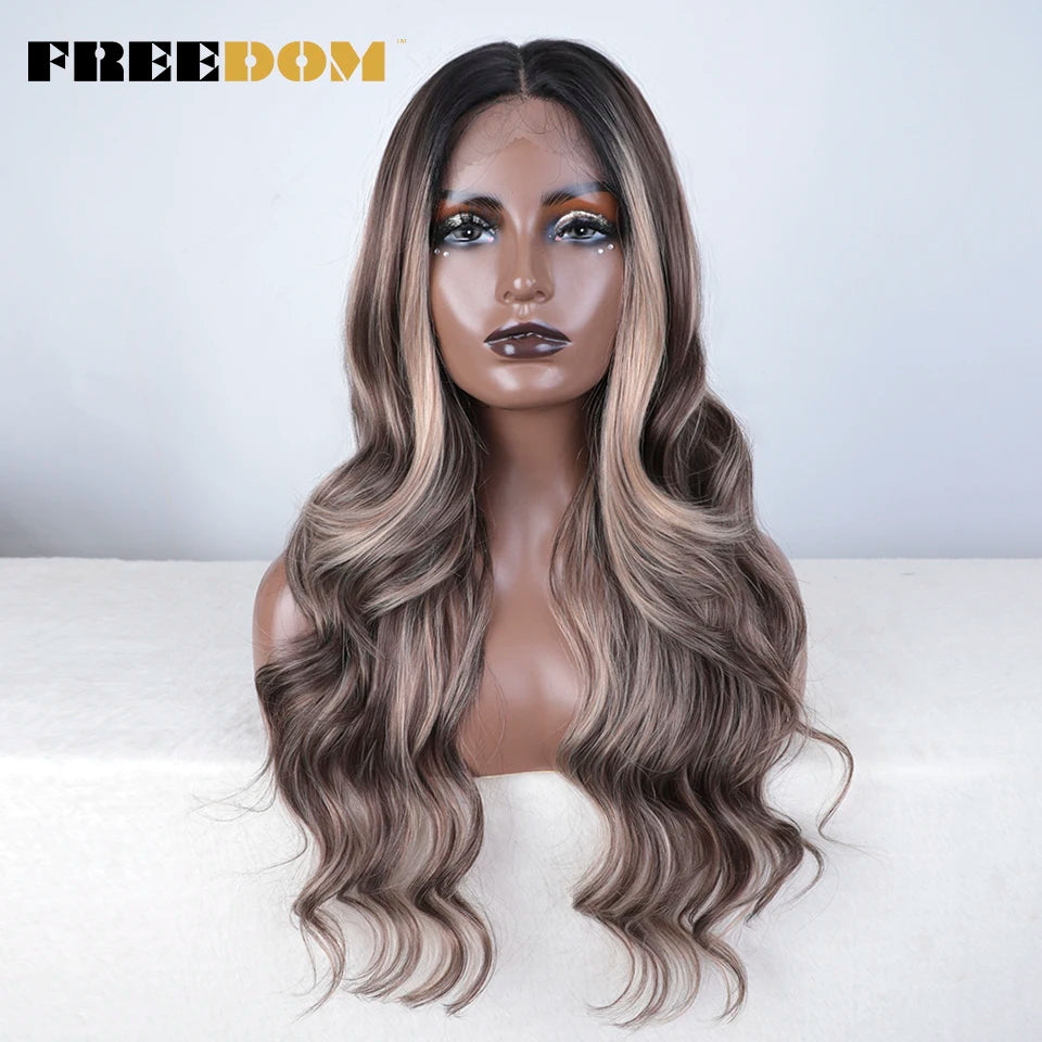 FREEDOM 26-Inch Synthetic Lace Front Wig for Women — Honey Brown Body Wave with Ombre Blonde Highlights, Cosplay & Fashion Wig