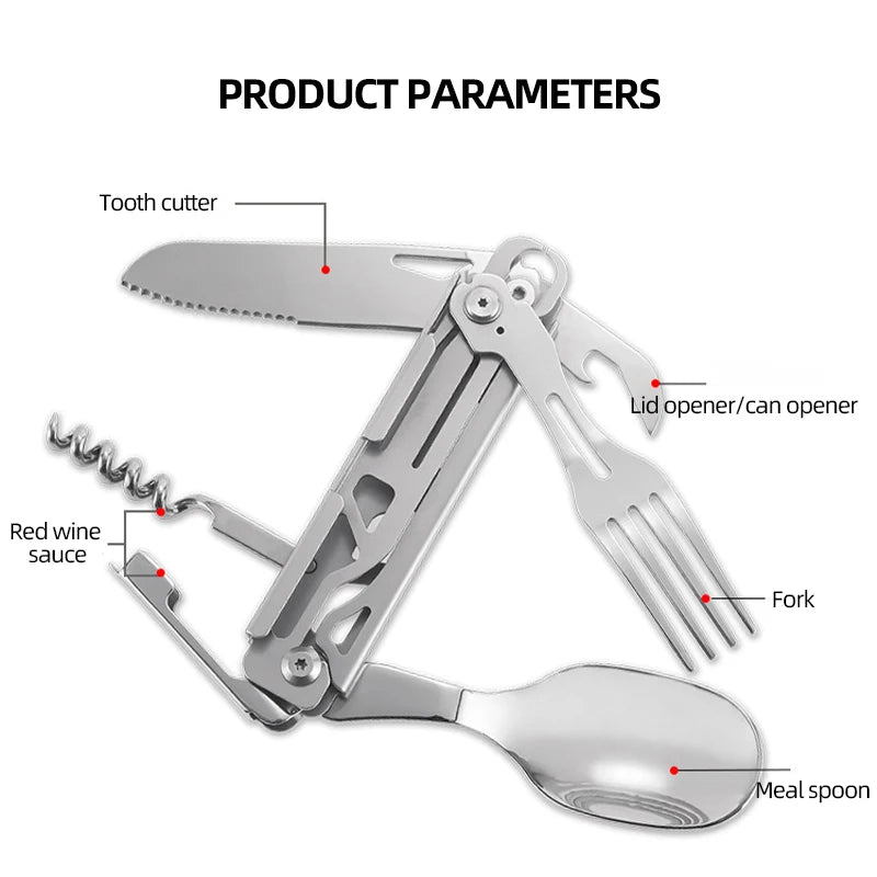 Multifunctional Portable Stainless Steel Tableware - All-in-One Knife Card Tool with Rope and Saw for Outdoor Camping Survival
