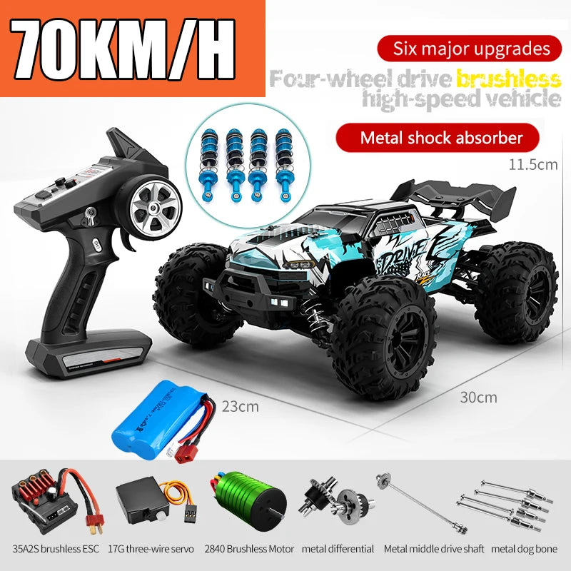 RC Off-Road 4x4 Brushless Car – 70KM/H High-Speed 1/16 4WD Monster Truck with LED Lights for Kids
