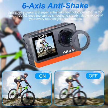 Ourlife 4K 60FPS Action Camera – 24MP WiFi Sports Camera with 2.0” Touch IPS Screen, 170° Wide Angle, EIS Stabilization, 30M Waterproof Case & 4X Zoom for Helmet & Outdoor Recording