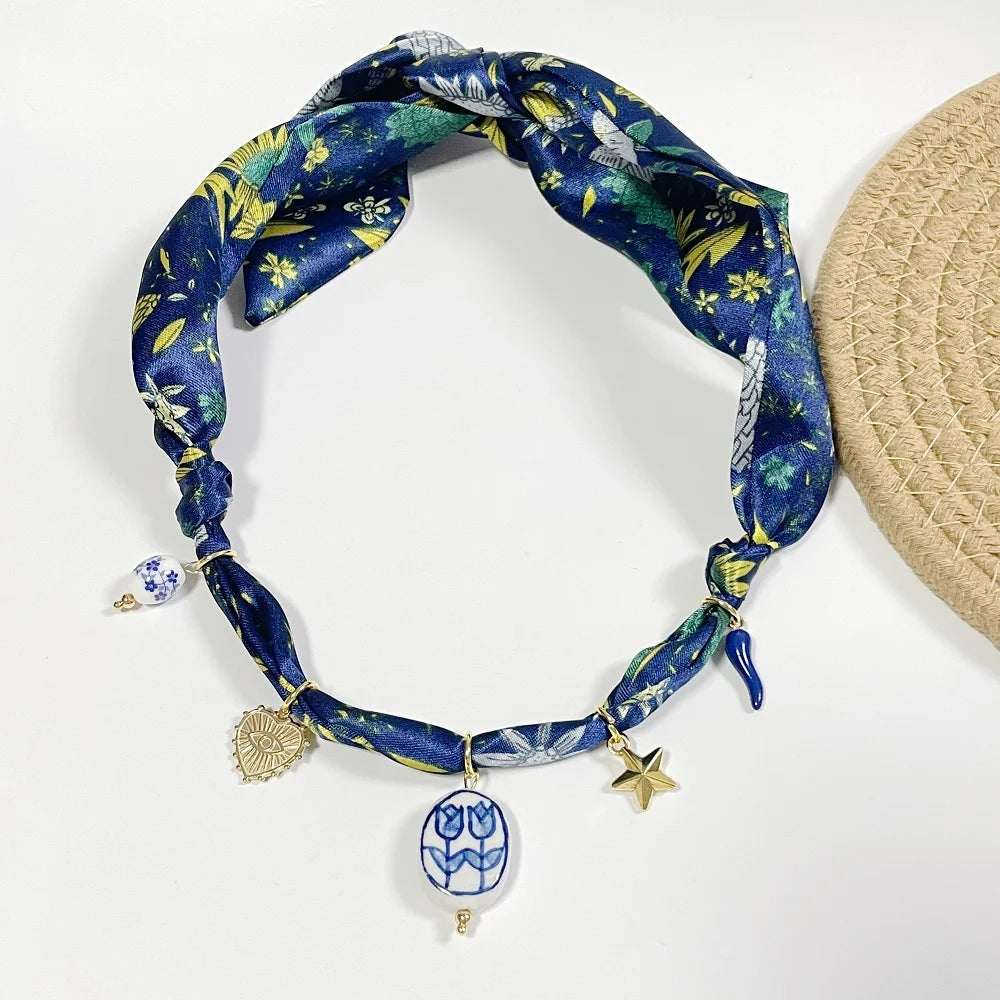 Bohemian Fabric Scarf Necklace - Sea Life, Heart & Floral Charm Pendant Vacation Jewelry Gift for Women