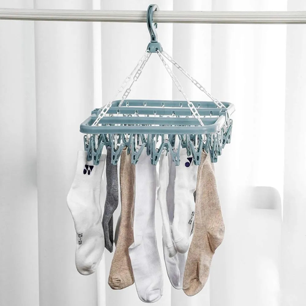32-Clip/8-Clip Clothes Drying Hanger - Foldable Laundry Hanging Rack for Socks and Underwear
