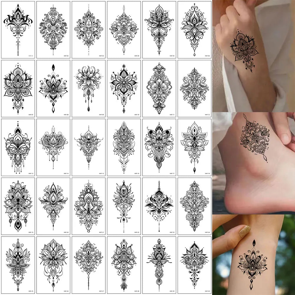 30pcs Black Temporary Tattoo Stickers - Flower Butterfly Rose Moon Star Mandala Designs for Hand, Chest & Body Art