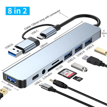 USB 3.0 Type-C Adapter Docking Station – Multi-Hub Splitter with USB 2.0 Port, TF/SD Card Reader, Audio Output for MacBook Pro, Computer