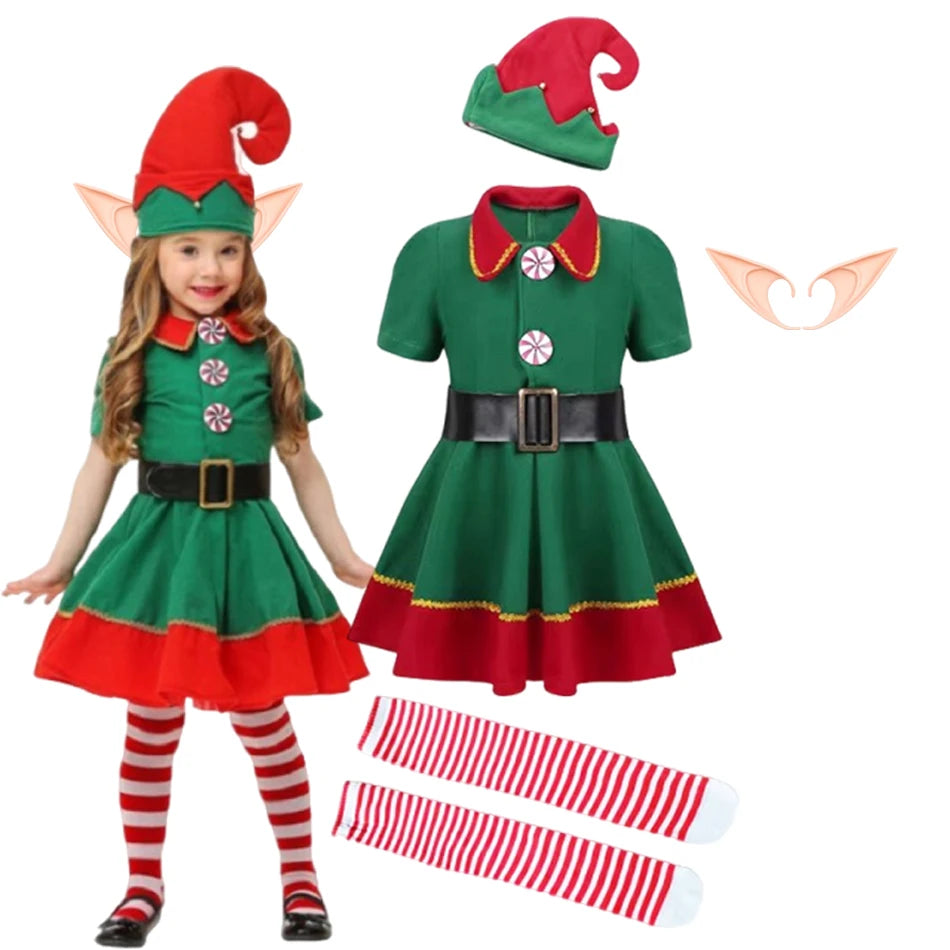Kids Christmas Elf Costume Set – Green Santa Helper Outfit with Hat for Boys & Girls Holiday Party & Performance Wear
