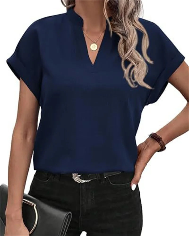 Women’s V-Neck Linen Blend Blouse - Textured Short Sleeve Relaxed Fit Casual Summer Shirt