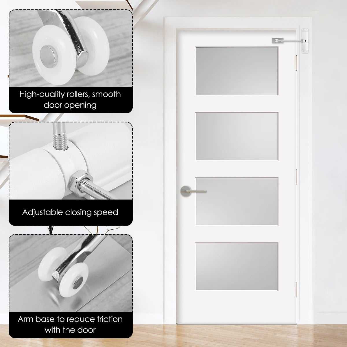 Automatic Door Closer - Metal Adjustable Heavy Duty Spring for Interior/Exterior Hinged Doors, Durable & Quiet Safety Mechanism