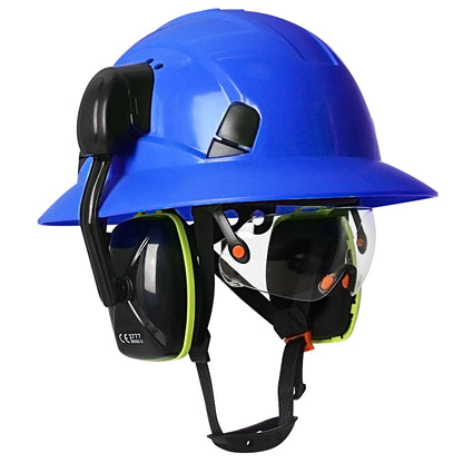 CE Full Brim Safety Helmet - HDPE Construction Hard Hat with Built-In Goggles & Earmuffs