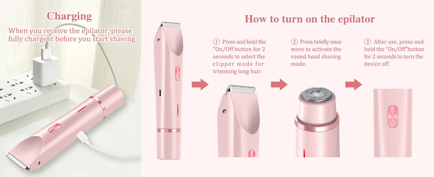 2-in-1 Dual-Head Electric Razor for Women – Painless Bikini Trimmer Wet & Dry Use with Detachable Heads