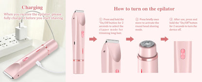 2-in-1 Dual-Head Electric Razor for Women – Painless Bikini Trimmer Wet & Dry Use with Detachable Heads
