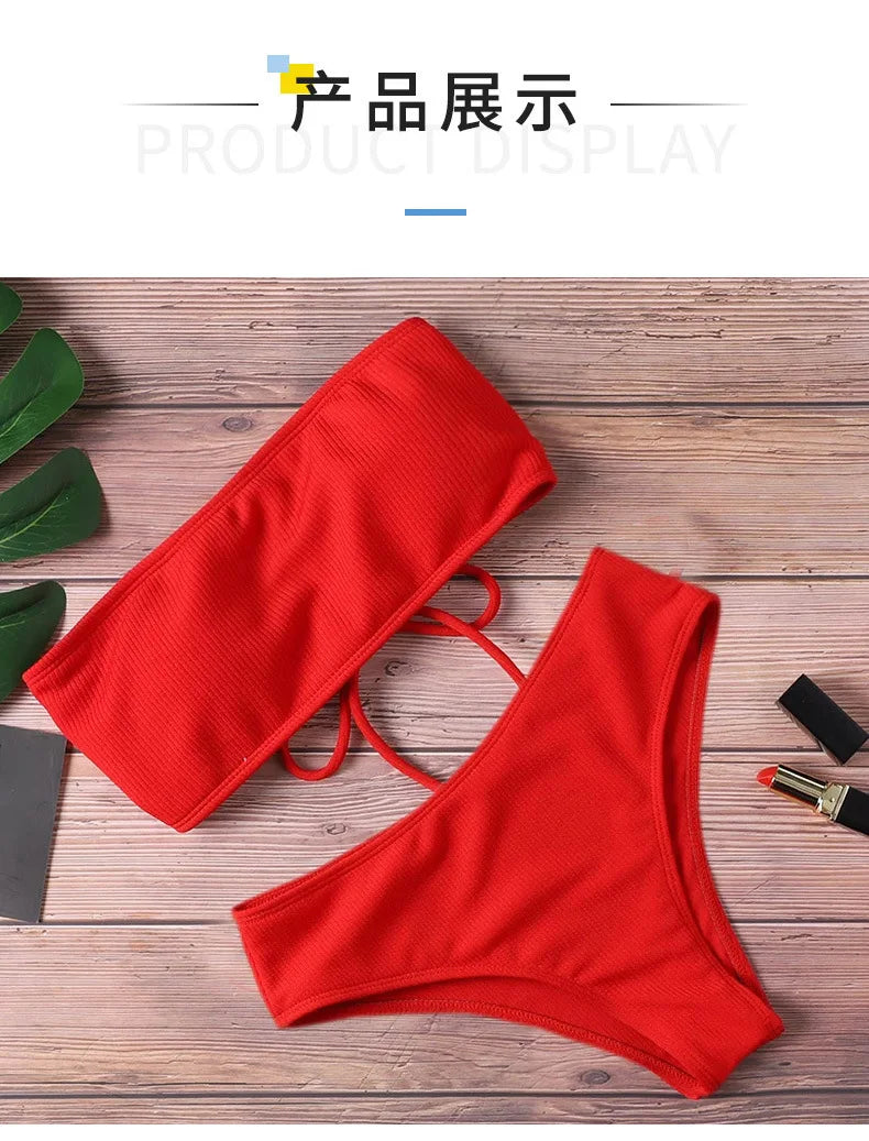 Women’s Tie Thong Bikini Set – Ultrathin Brazilian One-Piece Swimwear with Bandage Tube Bra Lingerie
