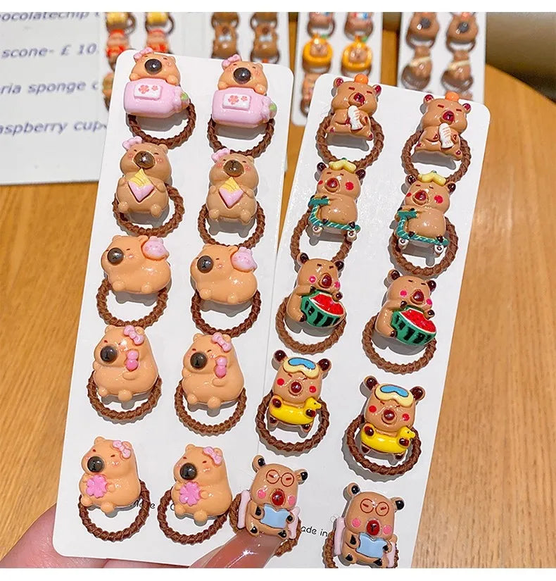 10Pcs Cartoon Capybara Hair Ties - Soft Resin Animal Hair Accessories for Girls and Children