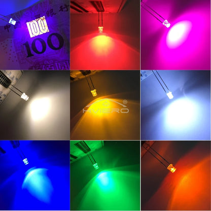100x 3mm Flat Head LED Bulbs - Bright Wide Angle Light Emitting Diodes for DIY Electronics & Decorations