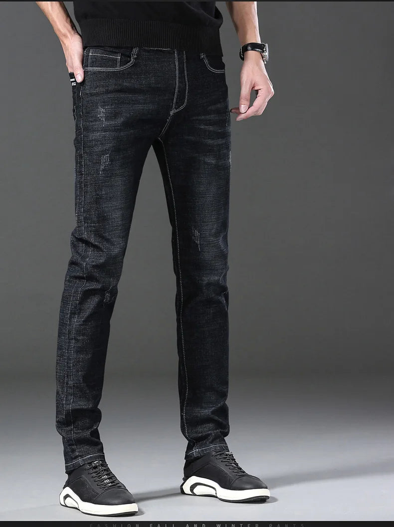 Men’s Casual Comfortable Jeans – Straight Loose Fit High Waist Elastic Trousers for All Seasons & Office Wear