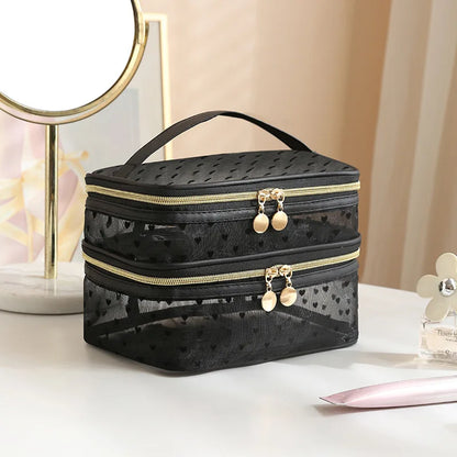 Double-Layer Black Mesh Cosmetic Bag – Large Capacity Travel Makeup Case Organizer with Zipper Toiletry Pouch