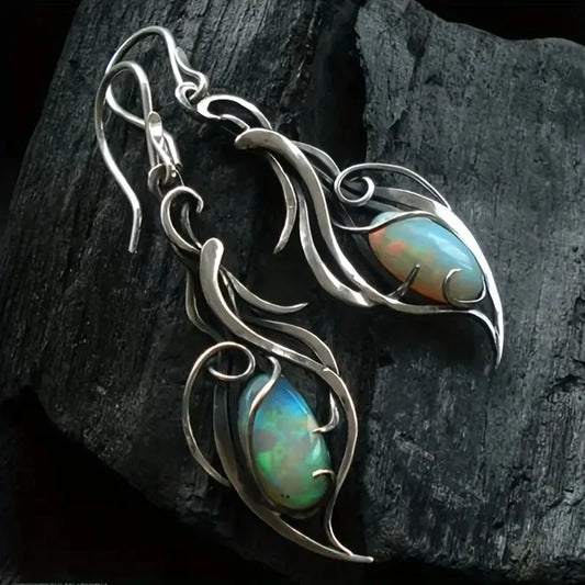 Bohemian Opal Dangle Earrings - Elegant Silver Plated Jewelry for Holidays & Special Occasions