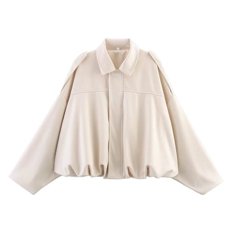 Women's Vintage Bomber Jacket Coat – Turn-Down Collar Long Sleeve Loose Fit Chic Fashion Outerwear