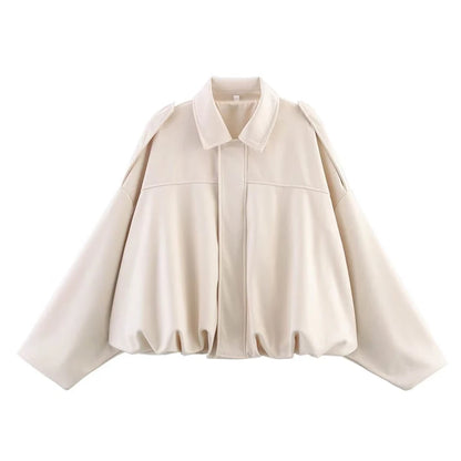 Women's Vintage Bomber Jacket Coat – Turn-Down Collar Long Sleeve Loose Fit Chic Fashion Outerwear