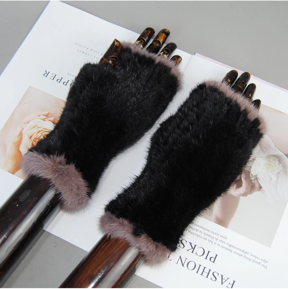 Women’s Winter Mink Fur Gloves – 100% Natural Fingerless Knitted Mittens for Warmth