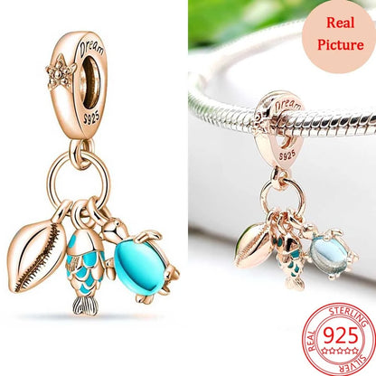 925 Silver Plated Murano Glass Sea Turtle Dangle Charm - Colorful Pink & Blue Jewelry for Women's Bracelet