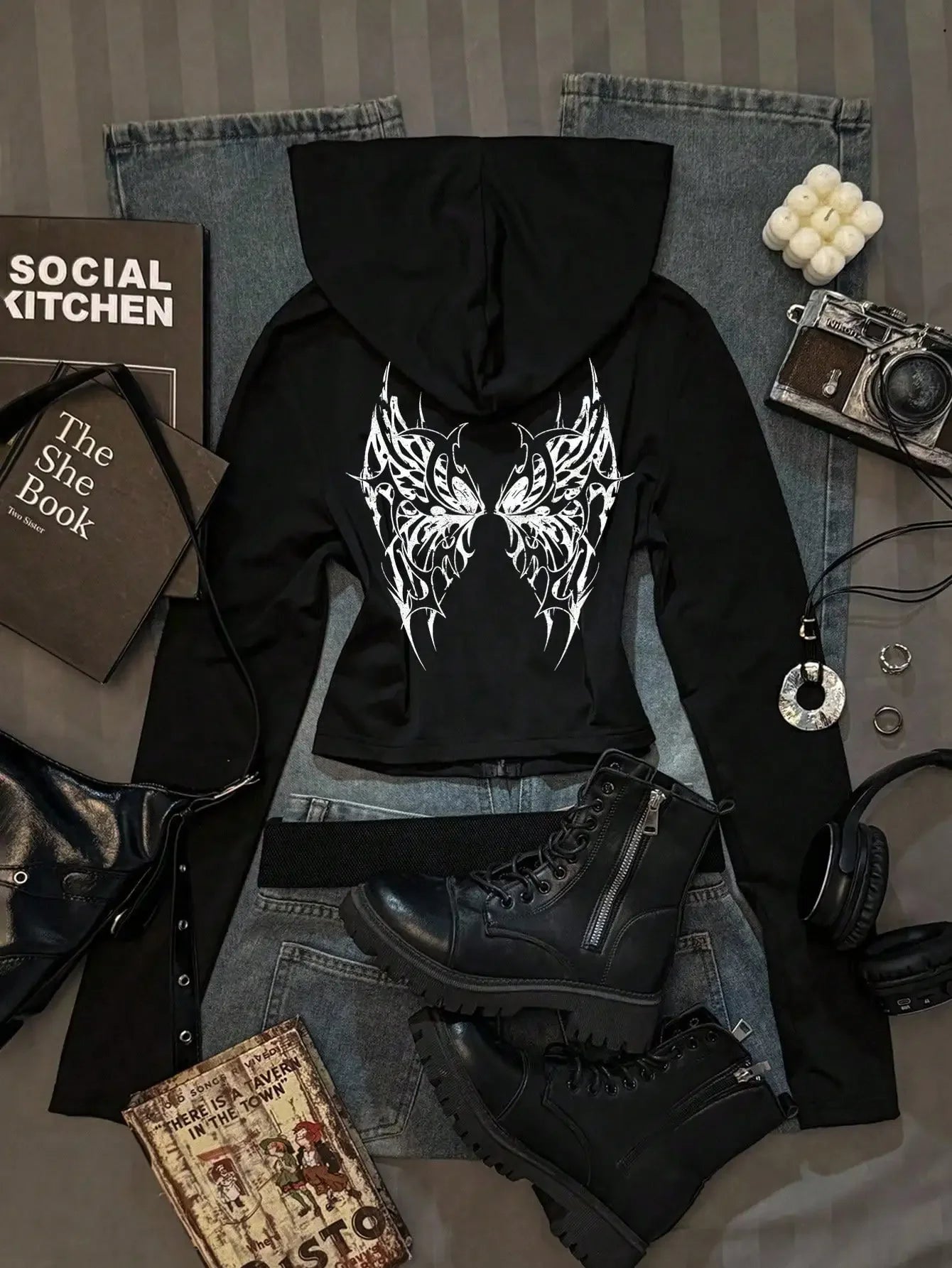 Women's Casual Hooded Sweatshirt - Minimalist Printed Zip-Up Cardigan Style Autumn Long Sleeve Top