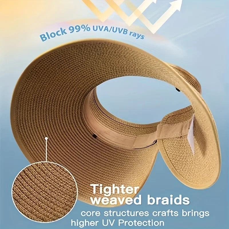 Women’s Summer Visor Hat – Foldable Wide-Brim Straw Cap, Stylish UV-Resistant Sun Hat for Beach & Hiking