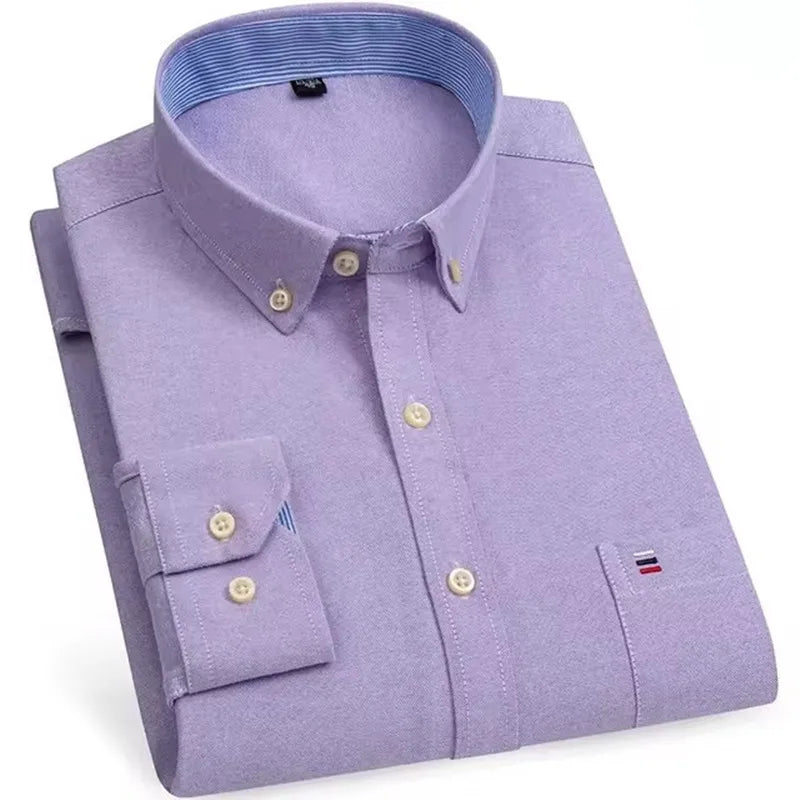 Men’s Checkered Oxford Shirt - Long Sleeve Cotton Button Down Gingham Top with Single Pocket 6XL-7XL