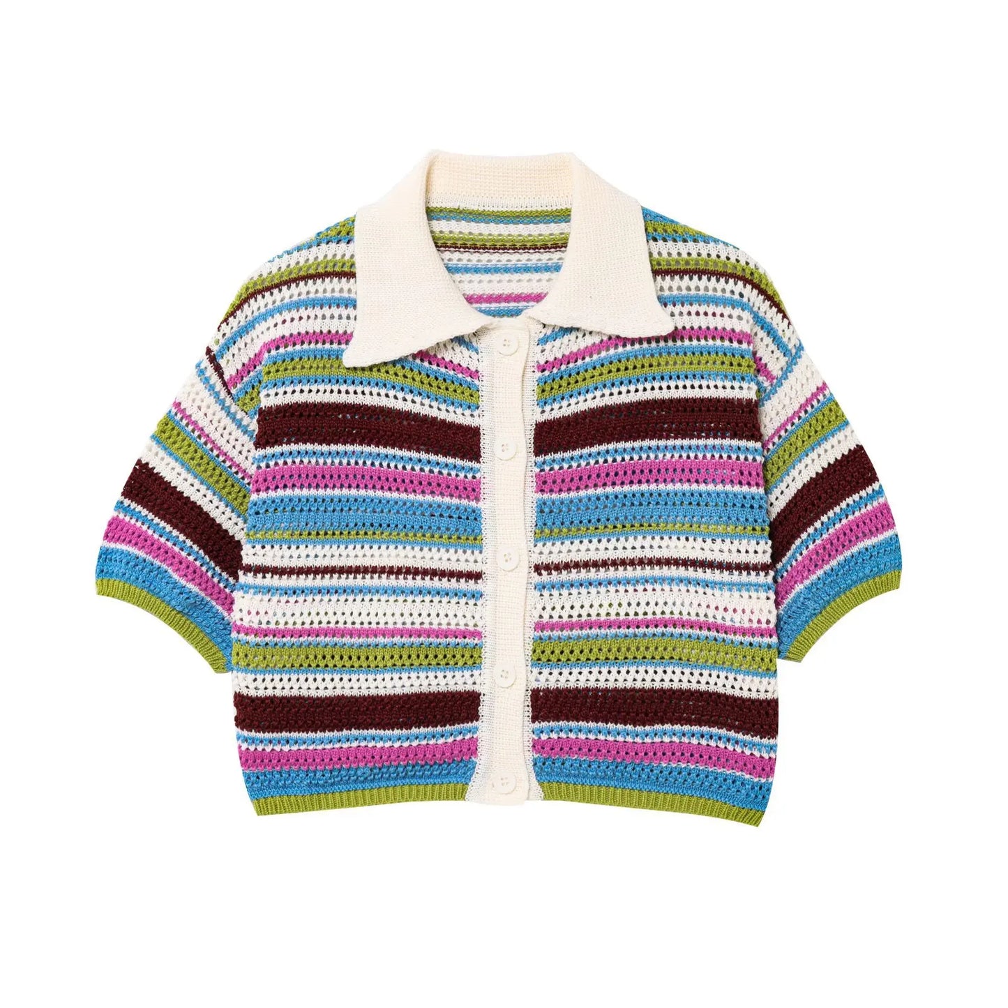 Women Y2K Patchwork Striped Crochet Knit Crop Sweater & Shorts Set – Hollow Out Short Sleeve Polo Collar Outfit
