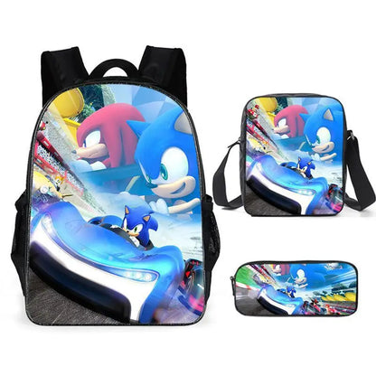 3PC Sonic Backpack School Bag Set – Anime Cartoon Zipper Backpack for Boys & Girls, Primary and Middle School Students